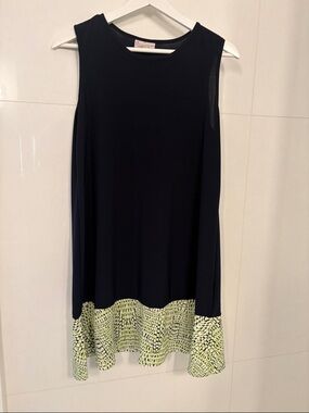 Sleeveless Navy Dress with Lime Patterned Hem
